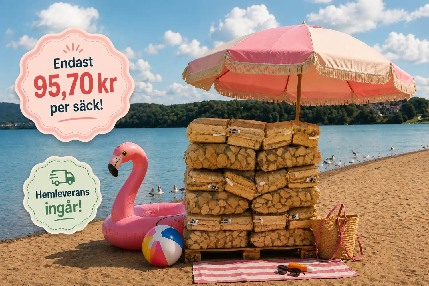 Sommarkampanj svensk björkved i 40 liters säckar